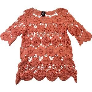 Bobeau Crochet Lace Top Medium Coral Boho Festival Y2K Open Knit Short Sleeve